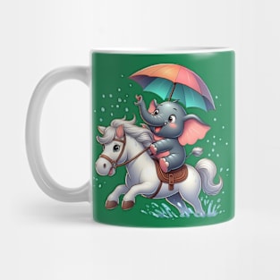 Little elephant carrying an umbrella riding a horse Mug